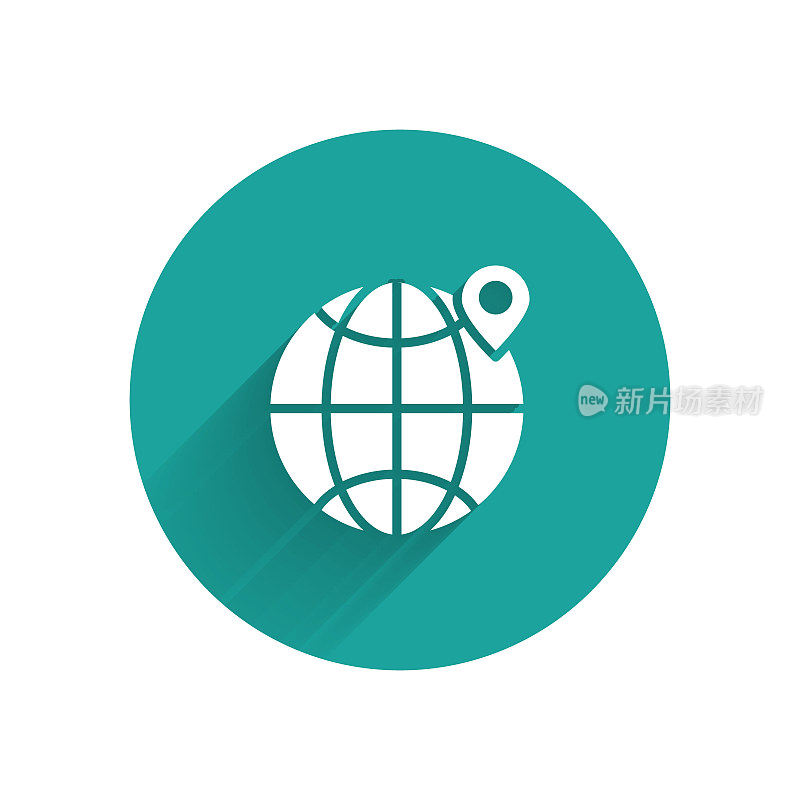 White Location on the globe icon isolated with long shadow. World or Earth sign. Green circle button. Vector Illustration